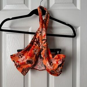 Almost Famous M Orange Geometric Halter Twist Front Cropped Sleeveless Top